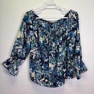 Sami & Jo Woman's Blouse Size XL Blue Floral Flowy Resort Vacation Beach Cottage